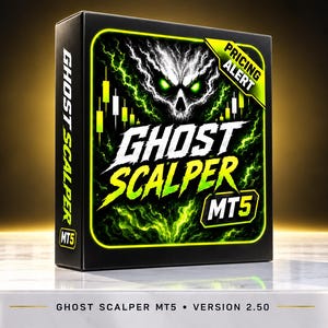 May include: A black rectangular box labelled GHOST SCALPER MT5 with a graphic of a glowing green skull, lightning effects, and white candlestick chart icons. A yellow corner tag reads PRICING ALERT. The text GHOST SCALPER MT5 VERSION 2.50 appears below.