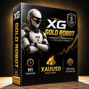Pode incluir: Uma caixa de produto retangular preta para XG Gold Robot, um sistema de trading avançado. A frente apresenta uma figura robótica branca, texto dourado XG Gold Robot, XAUUSD Gold Only, e ícones para H1 timeframe, 3 years support e precision automation.