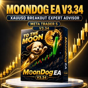 Może przedstawiać: Prostokątne pudełko dla Moondog EA V3.34 XAUUSD Breakout Expert Advisor dla Meta Trader 5. Pudełko przedstawia szczeniaka z kreskówki w pelerynie, duży księżyc i wykres świecowy z tekstem To The Moon oraz Moondog EA V3.34.