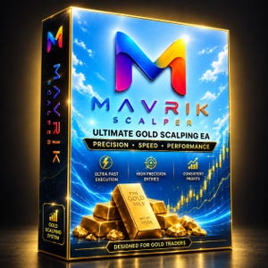 May include: A rectangular product box for Mavrik Scalper Ultimate Gold Scalping EA. The blue box features a gradient M logo, gold bars, and text including Precision, Speed, Performance, Ultra Fast Execution, High Precision Entries, and Consistent Profits.