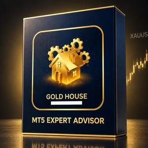 Peut inclure: Une boîte rectangulaire bleu foncé avec des bordures dorées présentant une icône de maison dorée entourée de trois engrenages. Le texte indique GOLD HOUSE et MT5 EXPERT ADVISOR. À droite, un graphique en chandeliers dorés avec l'étiquette XAUUSD.