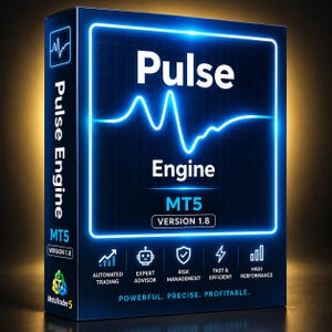 Op de afbeelding: Een donkerblauwe softwaredoos met het label Pulse Engine MT5 Version 1.8. De voorkant heeft een gloeiende blauwe neon-pulslijn, met de tekst Automated Trading, Expert Advisor, Risk Management, Fast & Efficient, High Performance en Powerful. Precise. Profitable.