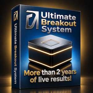 May include: A rectangular product box for the Ultimate Breakout System featuring a dark blue background with gold and silver text. The box displays a black cube with glowing orange horizontal lines and the text More than 2 years of live results.