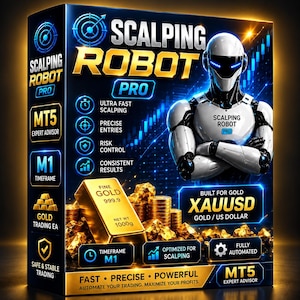 Pode incluir: Uma caixa de produto retangular para Scalping Robot Pro com uma figura robótica branca de olhos azuis brilhantes. O design inclui barras de ouro e texto que diz "Built for Gold XAUUSD", "MT5 Expert Advisor" e "Ultra Fast Scalping" num fundo azul.