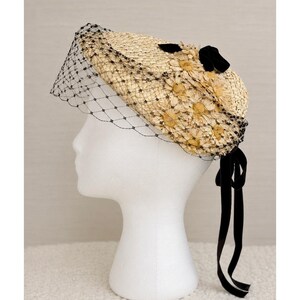 Vintage 1950s Birdcage Veil Cocktail Hat Jackie O Champagne Straw Vintage 1950s Birdcage Veil Champagne Straw Cocktail Hat  main image 4