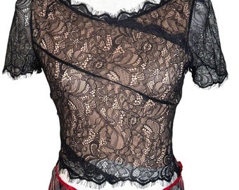 Top corto de encaje negro transparente estilo Y2K, talla XS, con ribete de pestañas de malla, estilo Whimsigoth Punk Indie USA