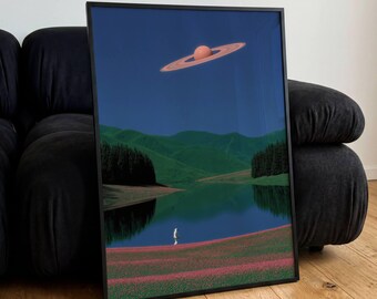 Póster de paisaje de astronauta con Saturno, arte mural minimalista de ciencia ficción, impresiones espaciales vintage, regalo