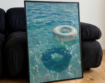 Póster de flotador de piscina en el mar, arte mural estilo óleo, impresiones vintage de verano