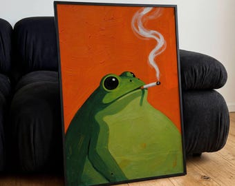 Póster de rana fumando cigarrillo, estilo óleo, fondo rojo, divertido animal de pared, impresiones de mascotas