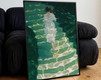 Póster de chica subiendo escaleras bajo el agua, arte mural vintage estilo OilArt, ilustración decorativa, regalo