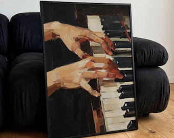 Póster de manos tocando el piano, arte mural de música clásica estilo óleo, regalo de decoración minimalista vintage