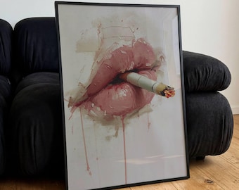 Póster de labios fumando cigarrillos, ilustración vintage, arte mural, ilustración moderna, regalo