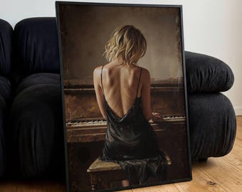Póster de mujer elegante al piano, estilo óleo, vista trasera, rubia, arte de pared, impresiones de regalo