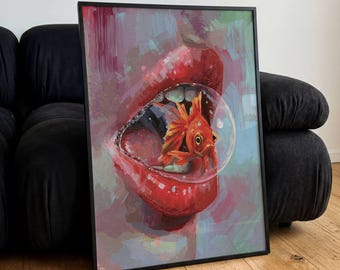 Póster de pez dorado japonés en una burbuja de saliva, impresiones vintage estilo óleo, regalo de arte mural retro