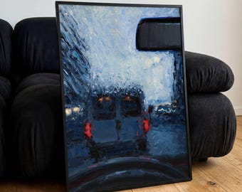 Póster de ventana de coche lluvioso, arte mural vintage de tráfico, ilustración decorativa, regalo