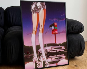 Póster de chica neón, arte mural de coche retro de gasolinera con tacones altos, láminas de ilustración japonesa