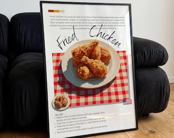 Póster de pollo frito, láminas con historia y recetas de comida, arte mural para cocina americana, decoración de cafetería