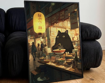 Póster de restaurante de ramen de gato negro, arte mural vintage de tienda japonesa, ilustración de animal, regalo de decoración de Tokio