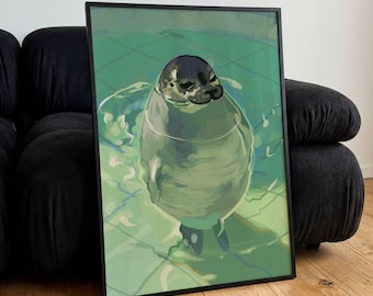 Póster divertido de foca nadando, estampados de animales regordetes, decoración de pared vintage, regalo
