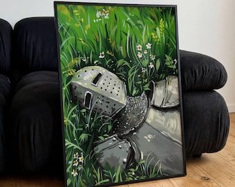 Póster de Caballero Caído en la Hierba, Arte Mural con Casco Roto, Ilustración Vintage de Armadura, Regalo