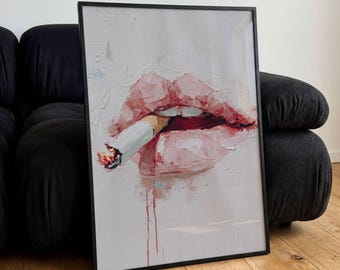 Póster de labios fumando cigarrillos, estilo óleo, ilustración vintage, arte de pared, ilustración moderna, regalo