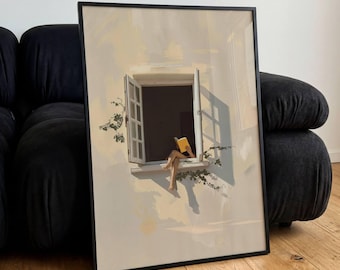 Póster de lectura en ventana, arte de pared minimalista vintage, impresiones retro, decoración, regalo