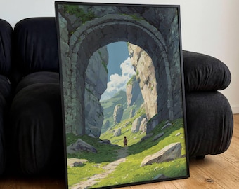 Póster de puerta de piedra antigua de senderismo para niños, arte mural vintage de naturaleza, ilustración moderna, regalo decorativo