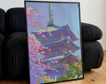 Póster de pagoda japonesa, arte mural de flor de cerezo, impresiones de plantillas de sakura de primavera, ilustración vintage para regalar.