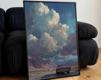 Ilustración de coche vintage morado descapotable en carretera, arte mural, impresiones modernas, decoración, regalo