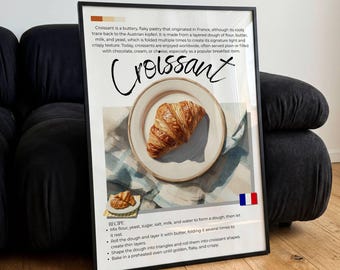Póster de croissant, láminas con historia y recetas de comida, arte mural de postres franceses, regalo de decoración de cocina