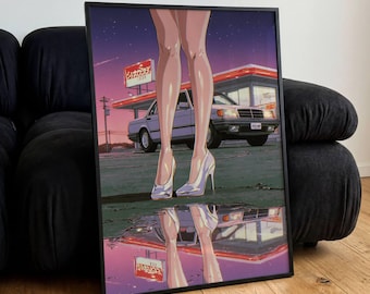 Póster de chica de neón con tacones altos, arte mural de coche de gasolinera retro, impresiones de ilustraciones japonesas