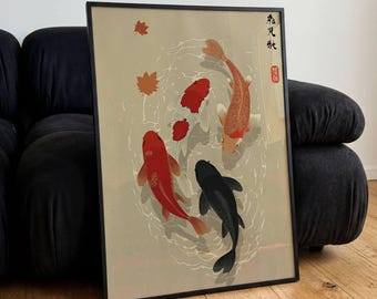 Póster japonés de pez koi, impresiones artísticas de pared retro minimalistas vintage, regalo decorativo, estilo asiático moderno.