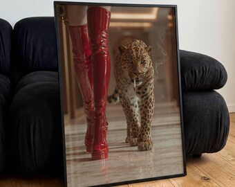 Póster de leopardo fumando con botas rojas, arte mural de moda de lujo, decoración vintage, regalo