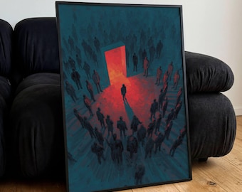 Póster de hombre frente a una puerta roja, ilustración surrealista, arte mural, impresiones simbólicas vintage psicológicas, regalo