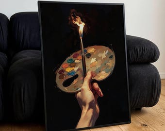 Póster de paleta de pinceles ardiendo, arte mural vintage pintado a mano, láminas modernas para decoración, regalo
