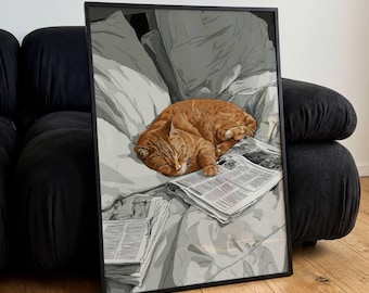 Póster de gato naranja leyendo un libro en la cama, arte mural divertido de animales, impresiones minimalistas vintage
