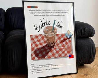 Póster de té de burbujas, láminas con la historia y la receta de la bebida, arte mural para la cocina taiwanesa, decoración de café.