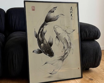 Póster de pez koi japonés, impresiones artísticas de pared retro minimalistas vintage, regalo decorativo, estilo asiático moderno