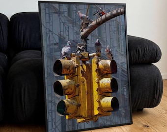 Póster de palomas en un semáforo amarillo, ilustración moderna vintage, arte de pared, decoración, regalo