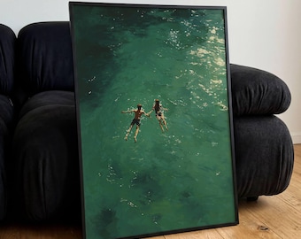 Póster abstracto de un lago verde nadando, impresiones de pared de pareja de vacaciones estilo arte al óleo, regalo decorativo