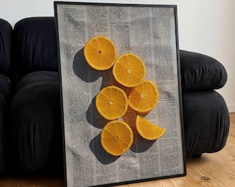 Póster de mandarina, arte mural de frutas de periódico, impresión minimalista vintage de mandarina, regalo decorativo.