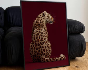 Póster de leopardo fumando un cigarrillo con fondo rojo, arte de pared de animales, impresión vintage, regalo decorativo