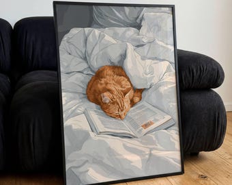 Póster de gato naranja leyendo un libro en la cama, arte mural divertido de animales, impresiones minimalistas vintage
