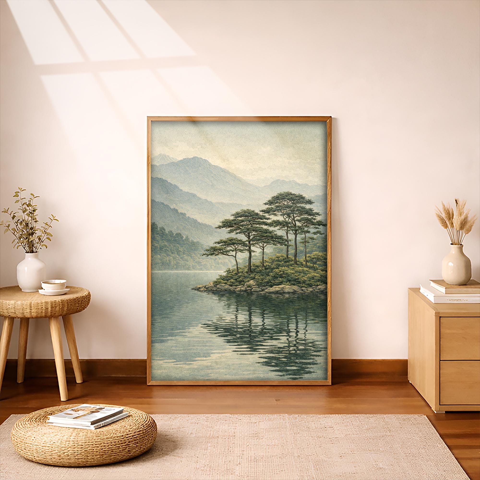 Vintage Japanese Lake Island Poster, Tranquil Mountain Landscape Wall ...