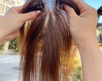 7*11 CM Natural Brown Ultra-Thin Human Hair Topper with Clips