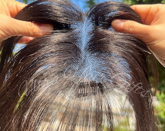 Topper van echt haar met clips, realistisch, 7 x 11 cm, natuurlijke zwarte kleur