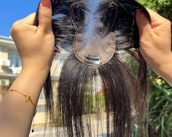 Realistic 8*11 CM Natural Black V Lace Front Human Hair Topper with Clips
