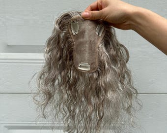 Curly Mixed Gray Brown Color Realistic 9*12CM Ultra-Thin Human Hair
