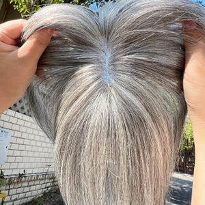 May include: A close-up of a gray wig with a natural-looking hairline. The wig has long, straight hair with a mix of gray and light brown strands. The hair is parted in the middle, and the wig is held up by a person's hands.