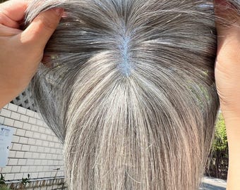 Realistische gemengde grijze kleur 9 x 12 cm ultradunne kanttopper van echt haar voor dames